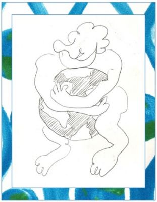 a cartoon drawing of a person holding a stuffed animal